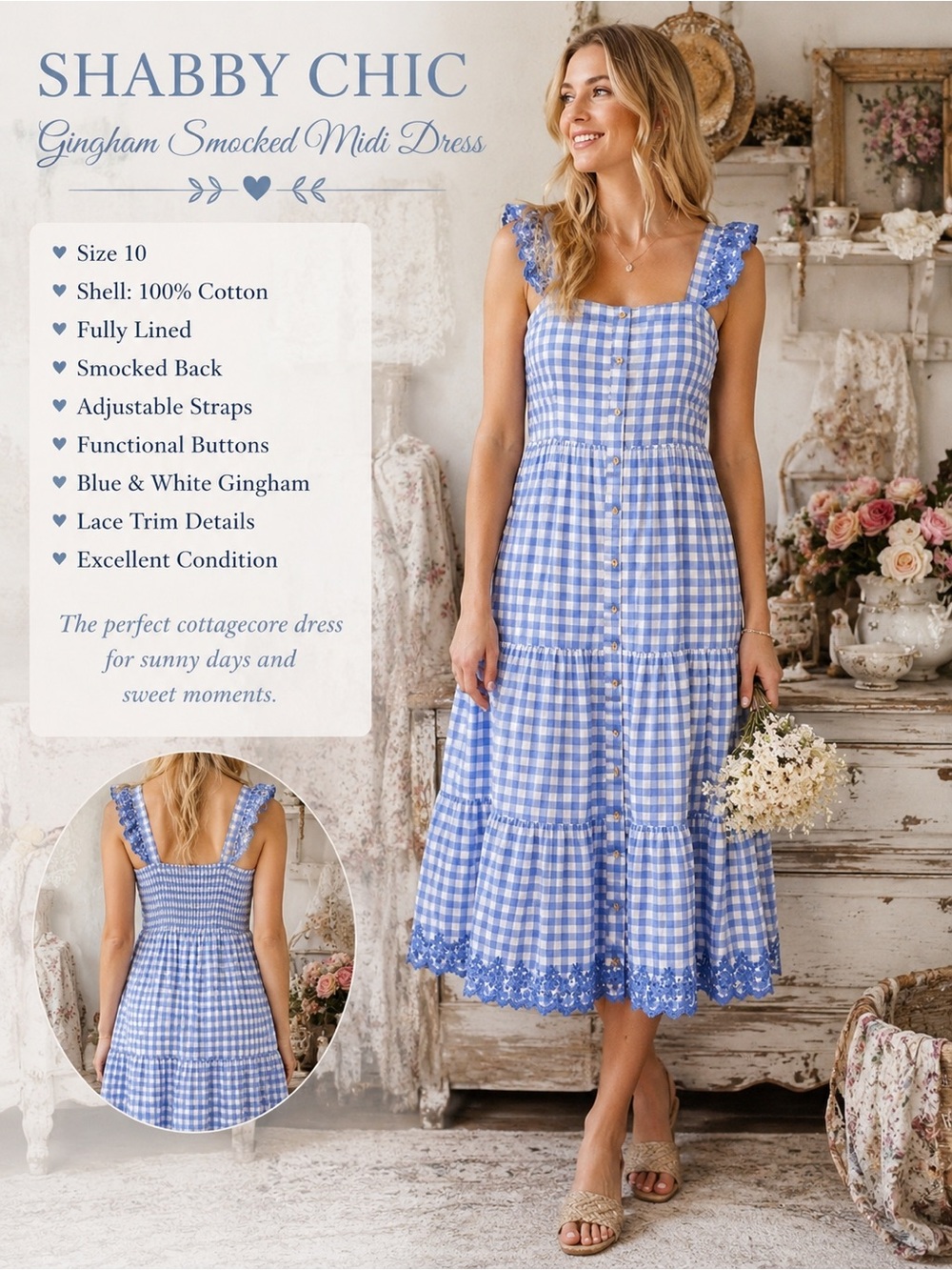 Shabby Chic Blue White Gingham Smocked Tiered Midi Dress Size 10 Cottagecore